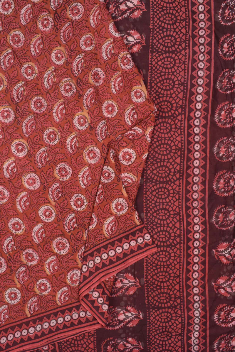 Red Pure Soft Cotton Vanaspatti Handblock Flower Print Saree