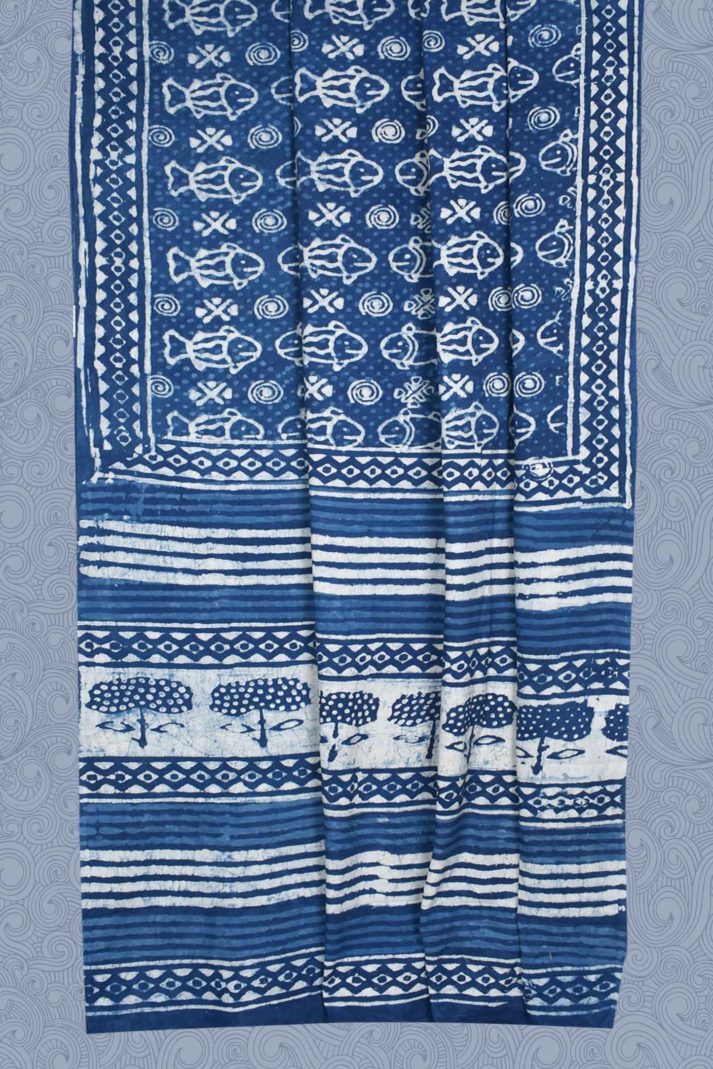 Blue Pure Soft Cotton Fish Hand Block Printed Saree