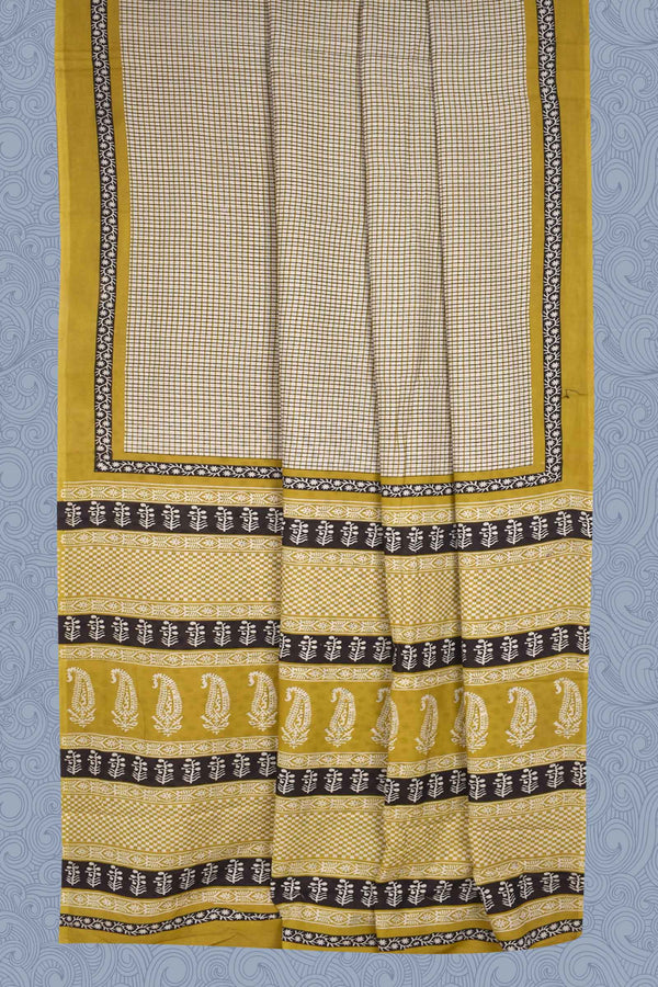 Offwhite and Yellow Pure Soft Cotton Checkered Bagru Hand Block Printed Saree