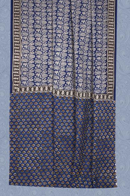 Blue Pure Soft Cotton Flower Garden Hand Block Printed Saree