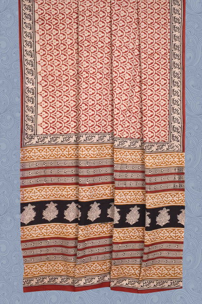 Rust Blue on Offwhite Pure Soft Cotton Bagru Hand Block Printed Saree