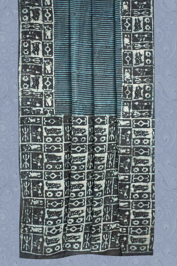 Blue Pure Soft Cotton All Over Stripes Inscription Design Pallu Hand Block Printed Saree