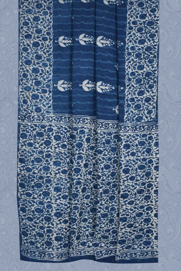 Blue Pure Soft Cotton Leaves Hand Block Printed Saree