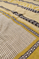 Offwhite and Yellow Pure Soft Cotton Checkered Bagru Hand Block Printed Saree