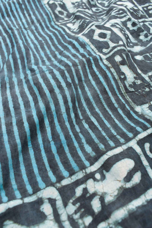 Blue Pure Soft Cotton All Over Stripes Inscription Design Pallu Hand Block Printed Saree