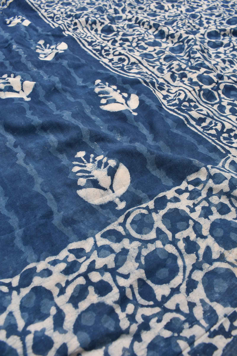 Blue Pure Soft Cotton Leaves Hand Block Printed Saree