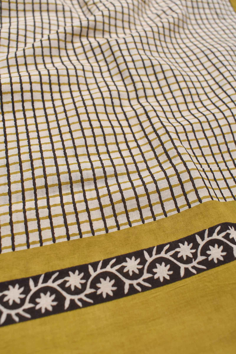 Offwhite and Yellow Pure Soft Cotton Checkered Bagru Hand Block Printed Saree