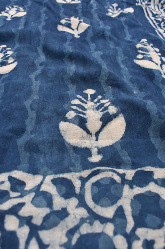 Blue Pure Soft Cotton Leaves Hand Block Printed Saree