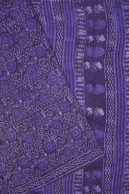 Violet Pure Soft Cotton Flowers All Over Bagru Hand Block Printed Saree