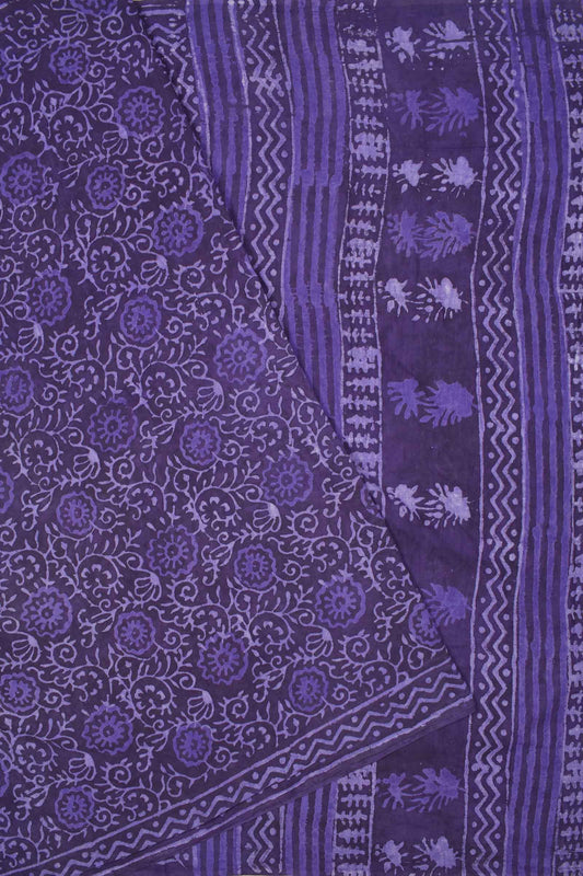 Violet Pure Soft Cotton Flowers All Over Bagru Hand Block Printed Saree