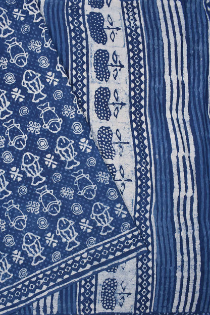 Blue Pure Soft Cotton Fish Hand Block Printed Saree