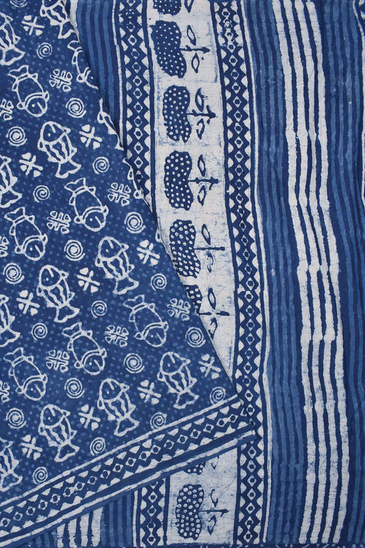 Blue Pure Soft Cotton Fish Hand Block Printed Saree