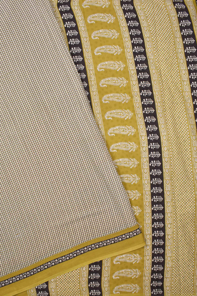 Offwhite and Yellow Pure Soft Cotton Checkered Bagru Hand Block Printed Saree