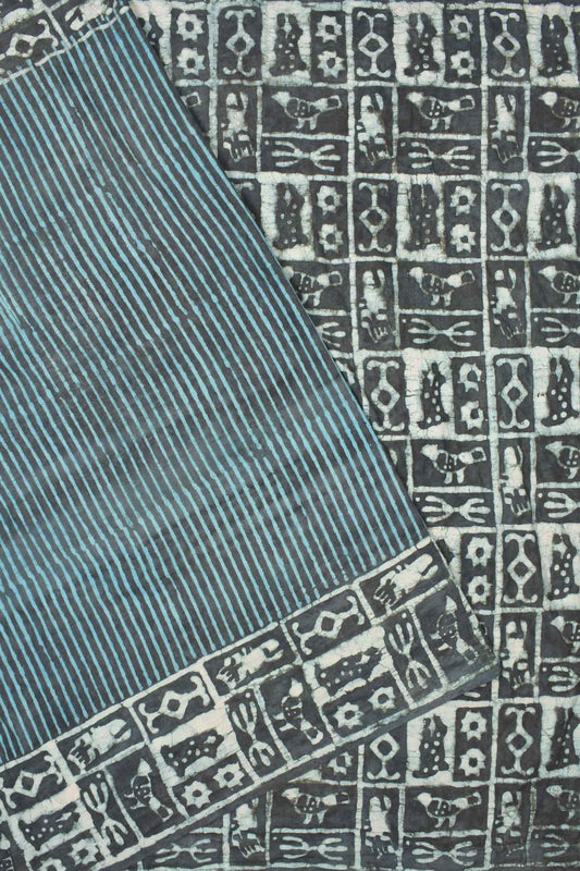 Blue Pure Soft Cotton All Over Stripes Inscription Design Pallu Hand Block Printed Saree