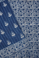 Blue Pure Soft Cotton Leaves Hand Block Printed Saree