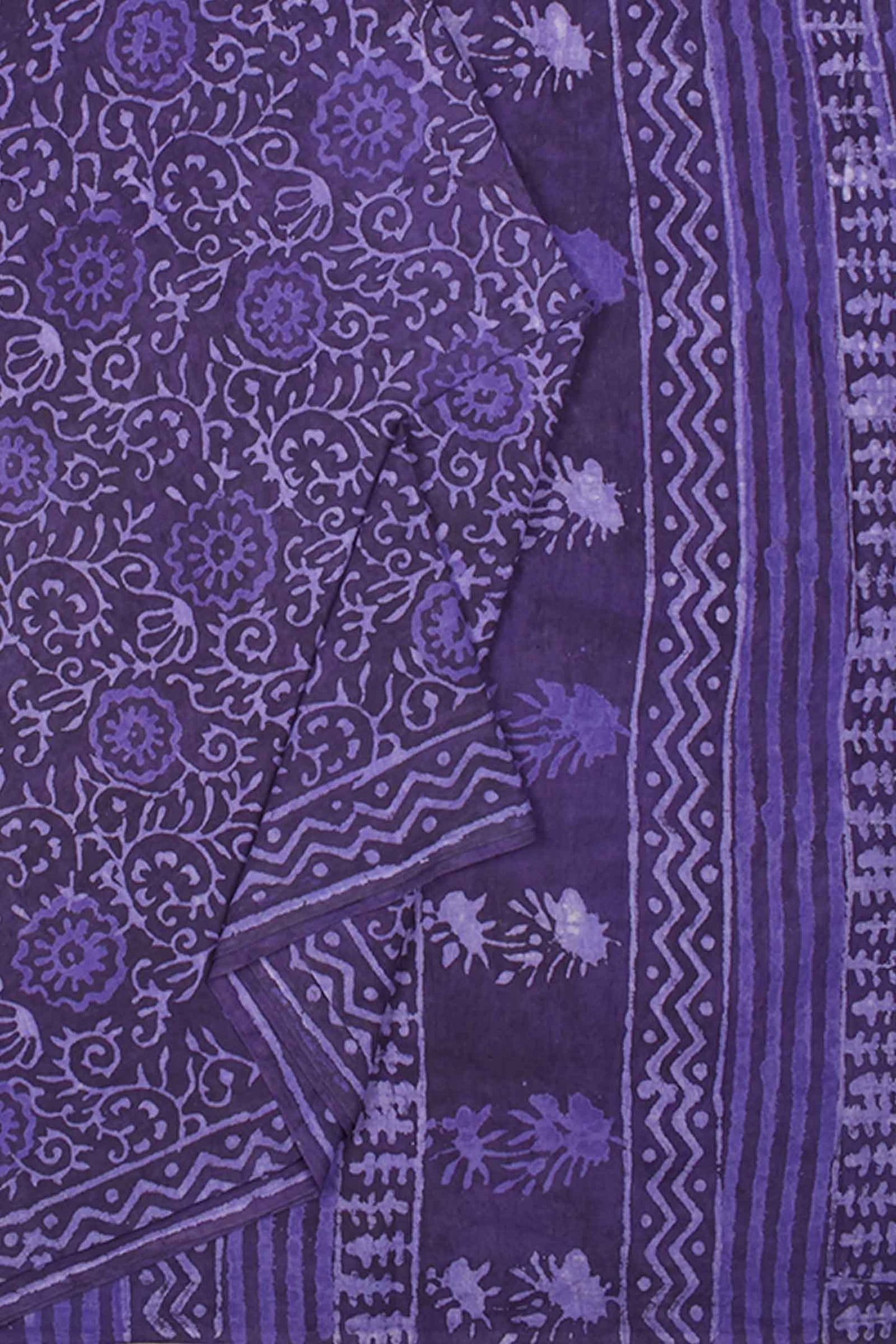 Violet Pure Soft Cotton Flowers All Over Bagru Hand Block Printed Saree