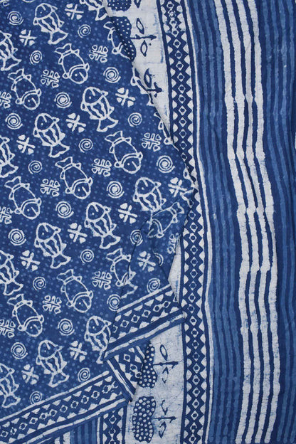 Blue Pure Soft Cotton Fish Hand Block Printed Saree