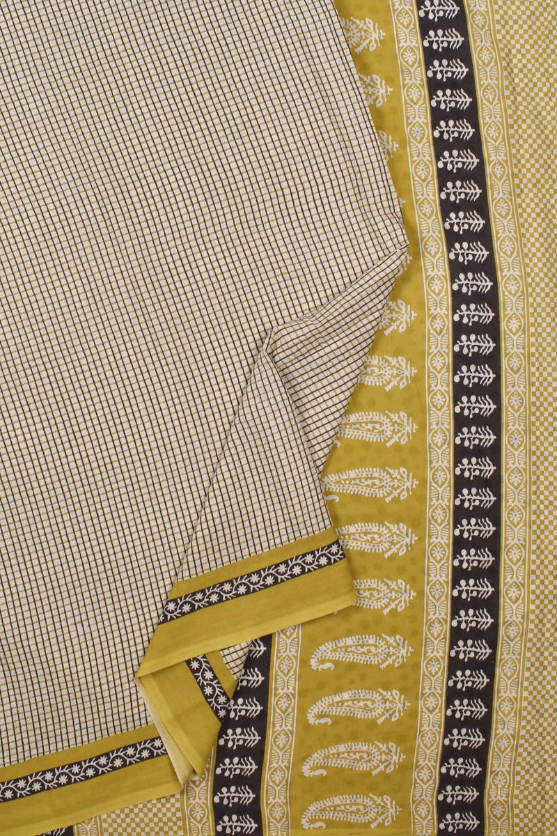 Offwhite and Yellow Pure Soft Cotton Checkered Bagru Hand Block Printed Saree