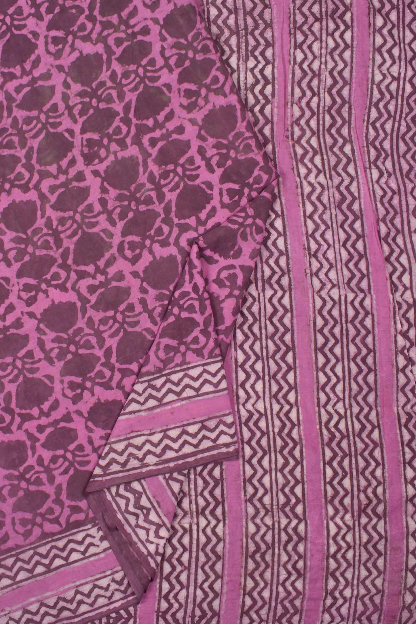 Pink Pure Soft Cotton Bagru Hand Block Printed Saree