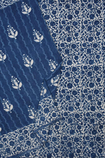 Blue Pure Soft Cotton Leaves Hand Block Printed Saree