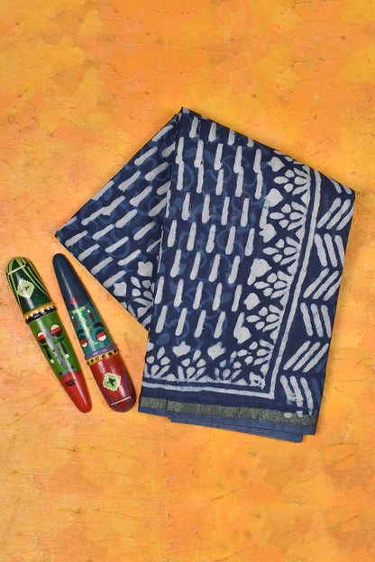 Blue Chanderi Cotton Hand Block Printed Saree