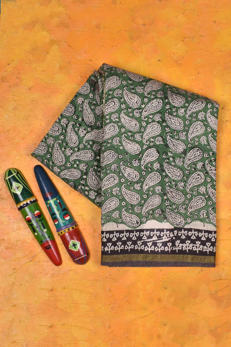 Green Chanderi Cotton Paisely Hand Block Printed Saree