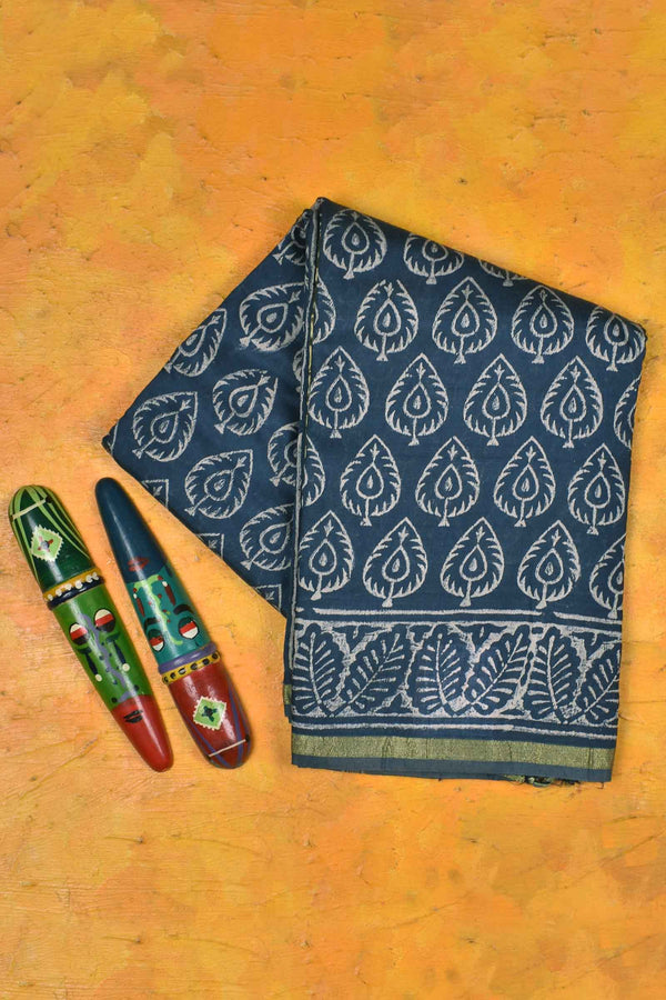 Steel Blue Chanderi Cotton Hand Block Printed Saree