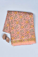 Peach Chanderi Cotton Floral Hand Block Printed Saree