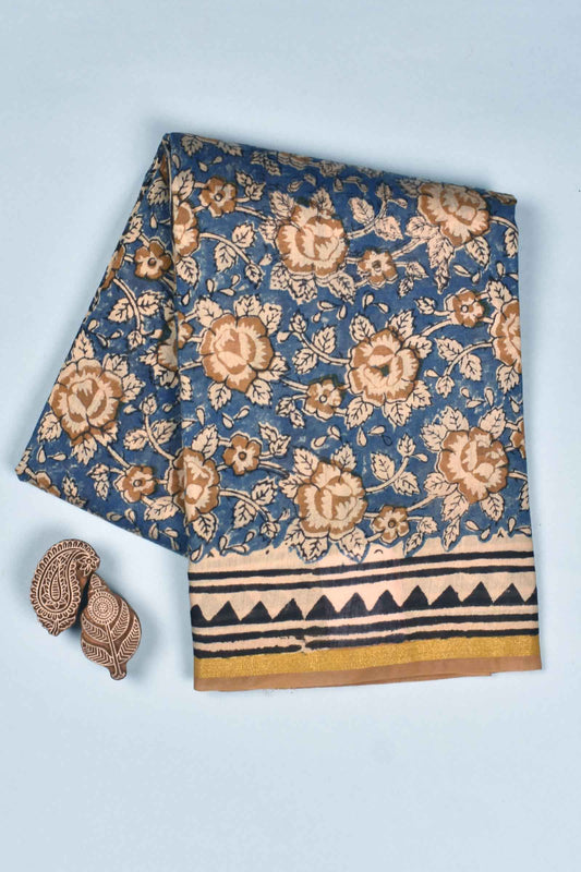 Blue Chanderi Cotton Beige Rose HandBlock Printed Saree