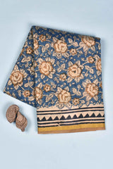 Blue Chanderi Cotton Beige Rose HandBlock Printed Saree