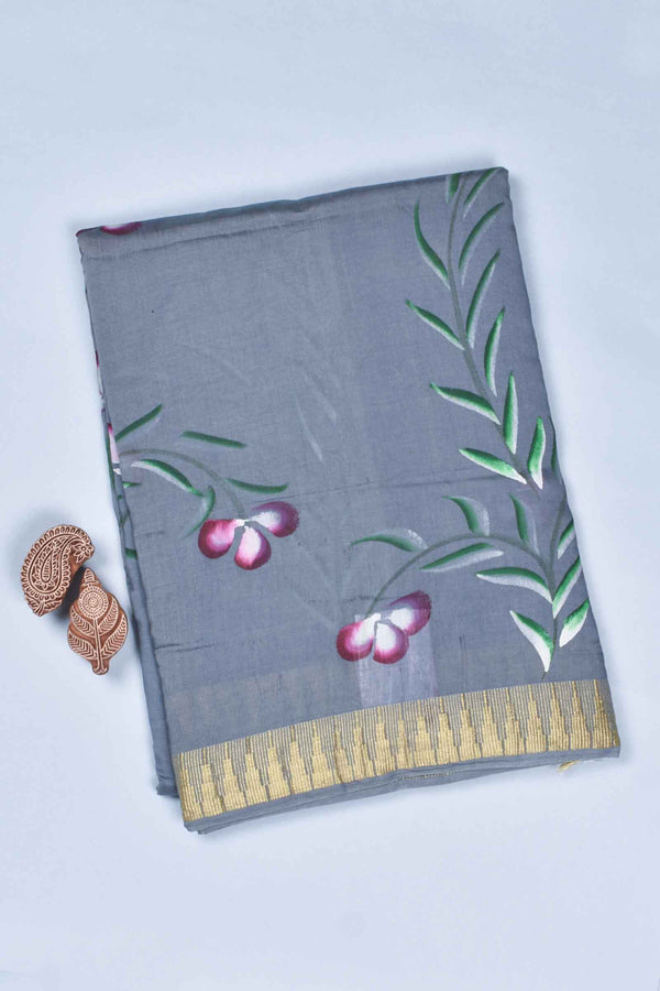 Grey Chanderi Cotton Contrast Florals Hand Painted Saree