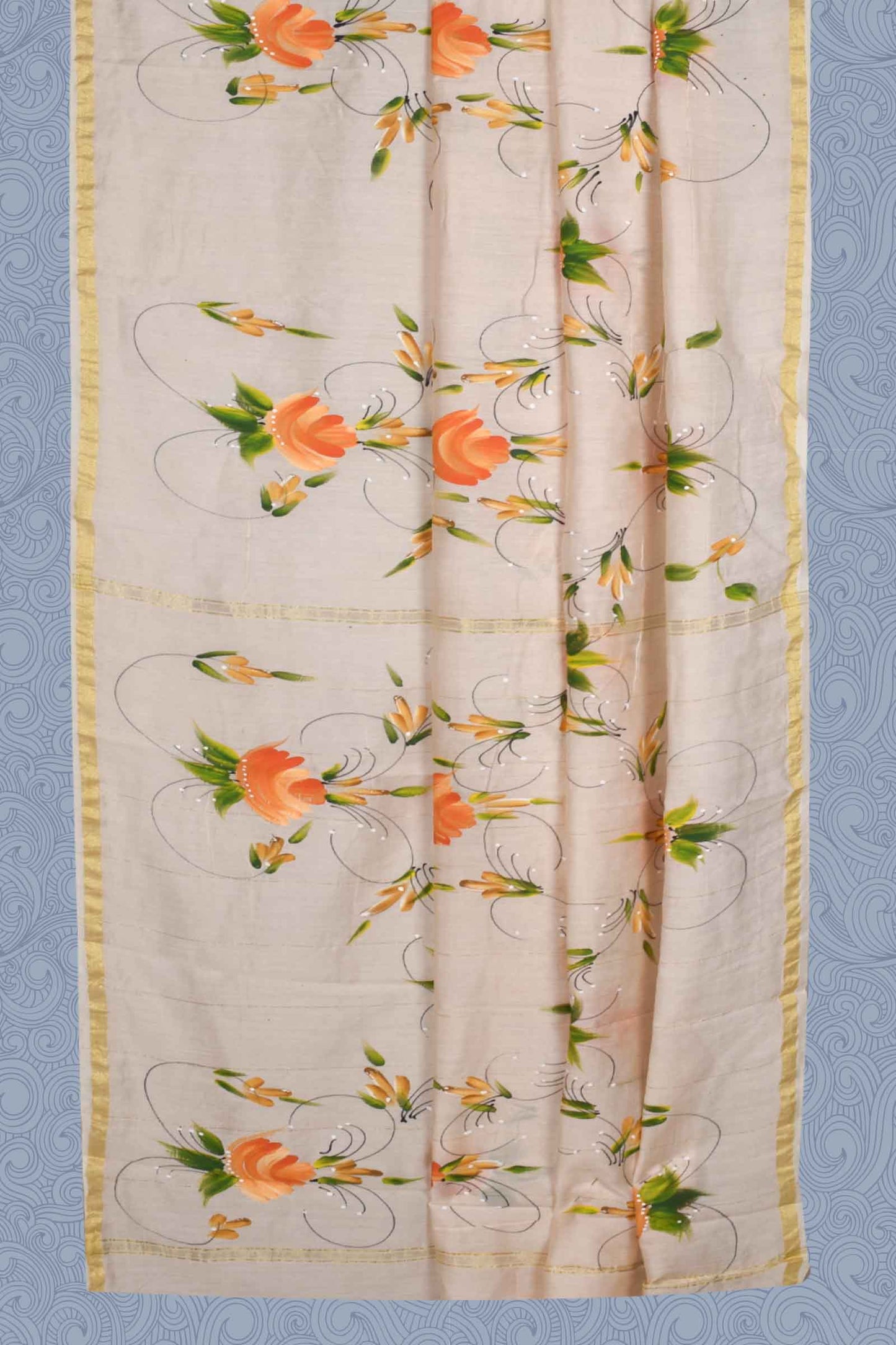 Off White Chanderi Cotton Dreamy Florals Hand Painted Saree