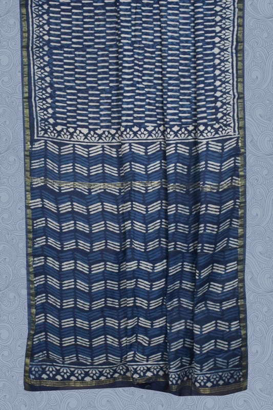 Blue Chanderi Cotton Hand Block Printed Saree