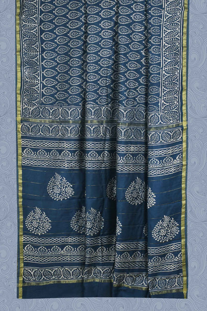 Steel Blue Chanderi Cotton Hand Block Printed Saree