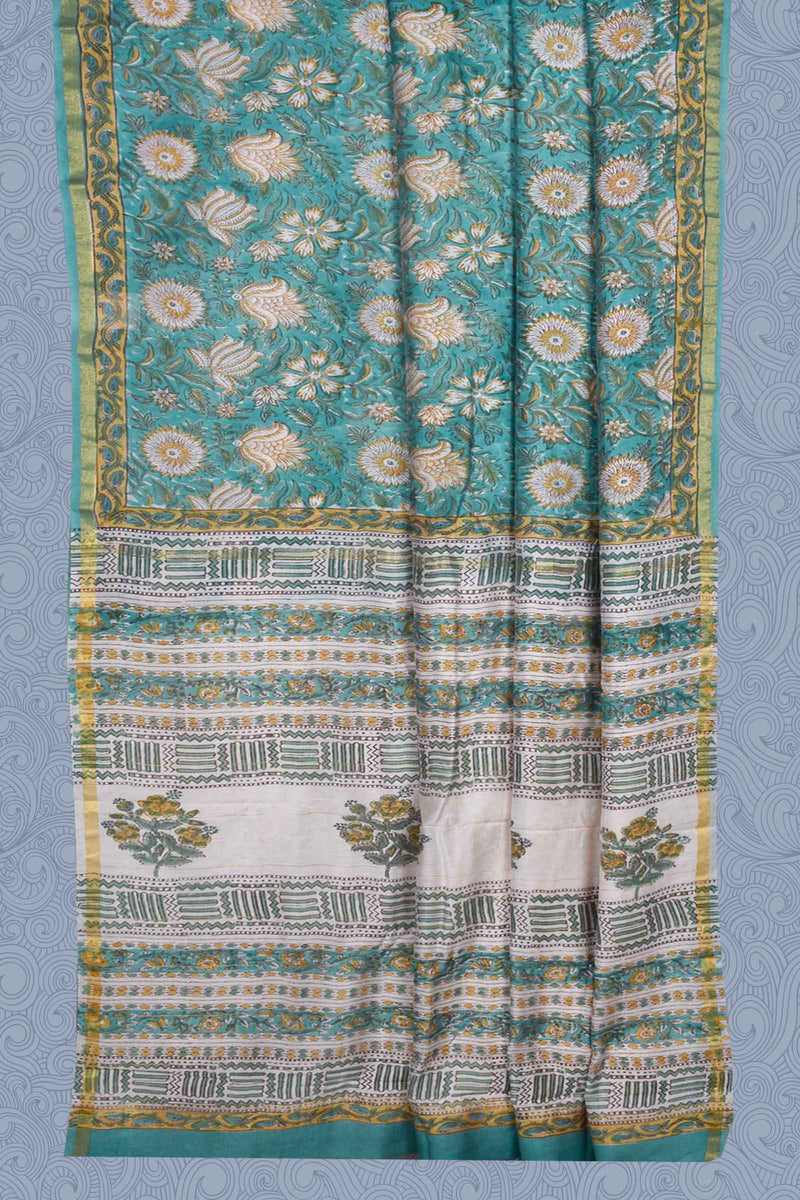 Light Blue Chanderi Cotton Hand Block Printed Saree