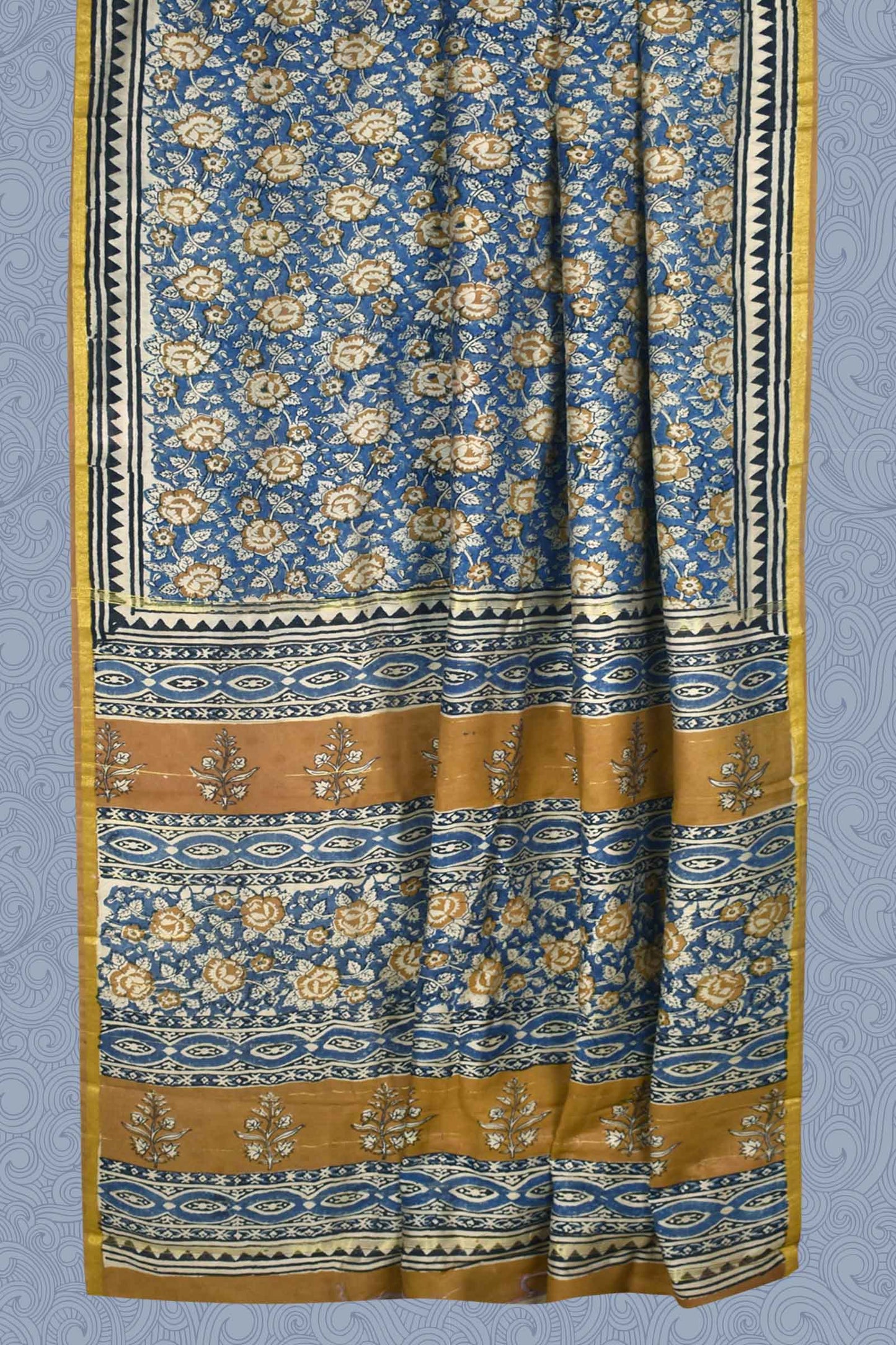 Blue Chanderi Cotton Beige Rose HandBlock Printed Saree