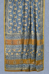 Blue Chanderi Cotton Beige Rose HandBlock Printed Saree