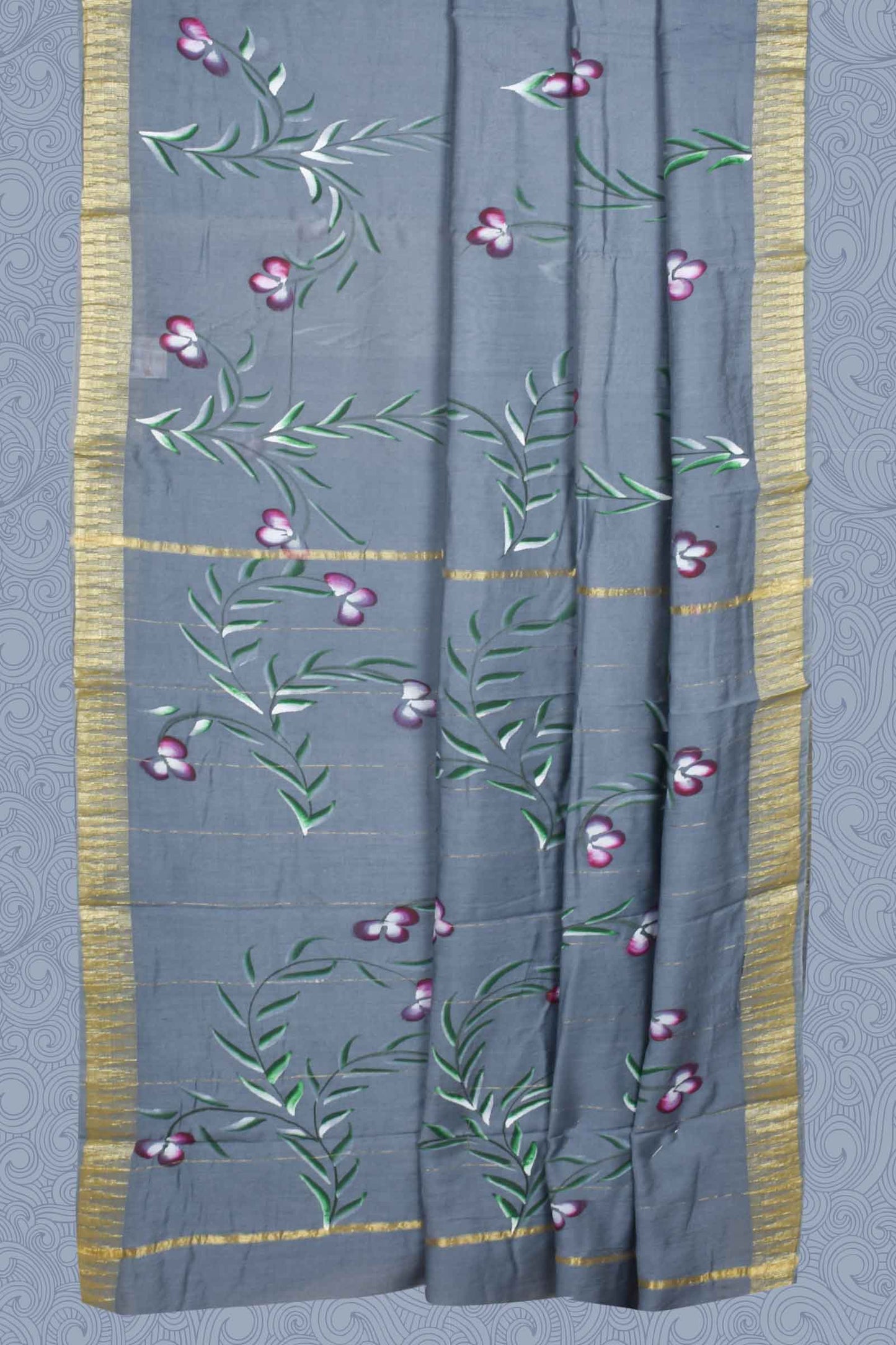 Grey Chanderi Cotton Contrast Florals Hand Painted Saree