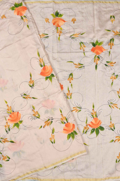 Off White Chanderi Cotton Dreamy Florals Hand Painted Saree