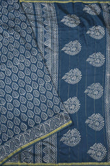 Steel Blue Chanderi Cotton Hand Block Printed Saree