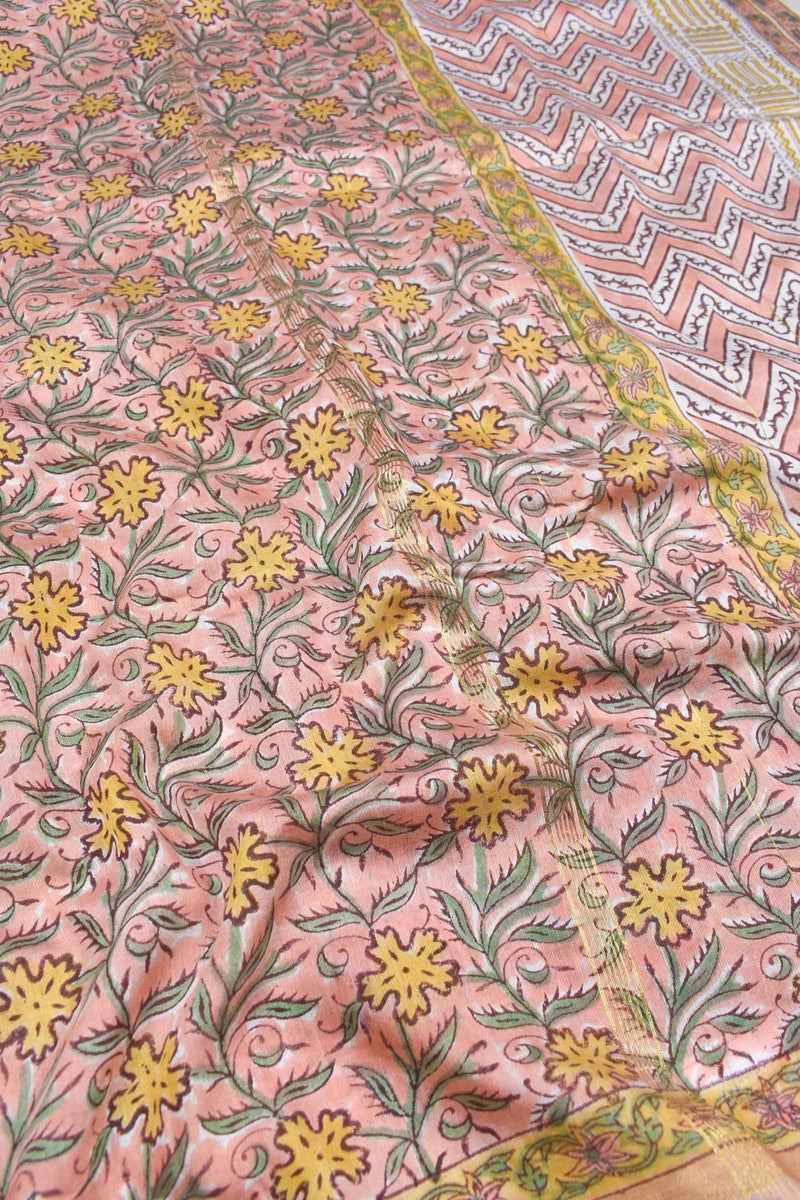 Peach Chanderi Cotton Floral Hand Block Printed Saree