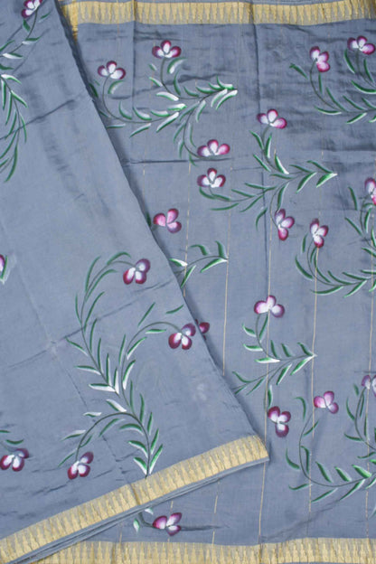 Grey Chanderi Cotton Contrast Florals Hand Painted Saree