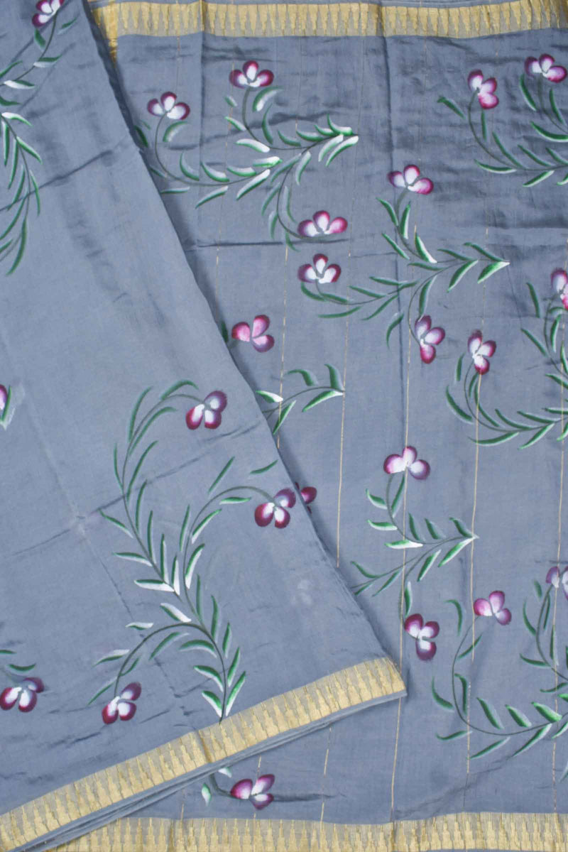 Grey Chanderi Cotton Contrast Florals Hand Painted Saree