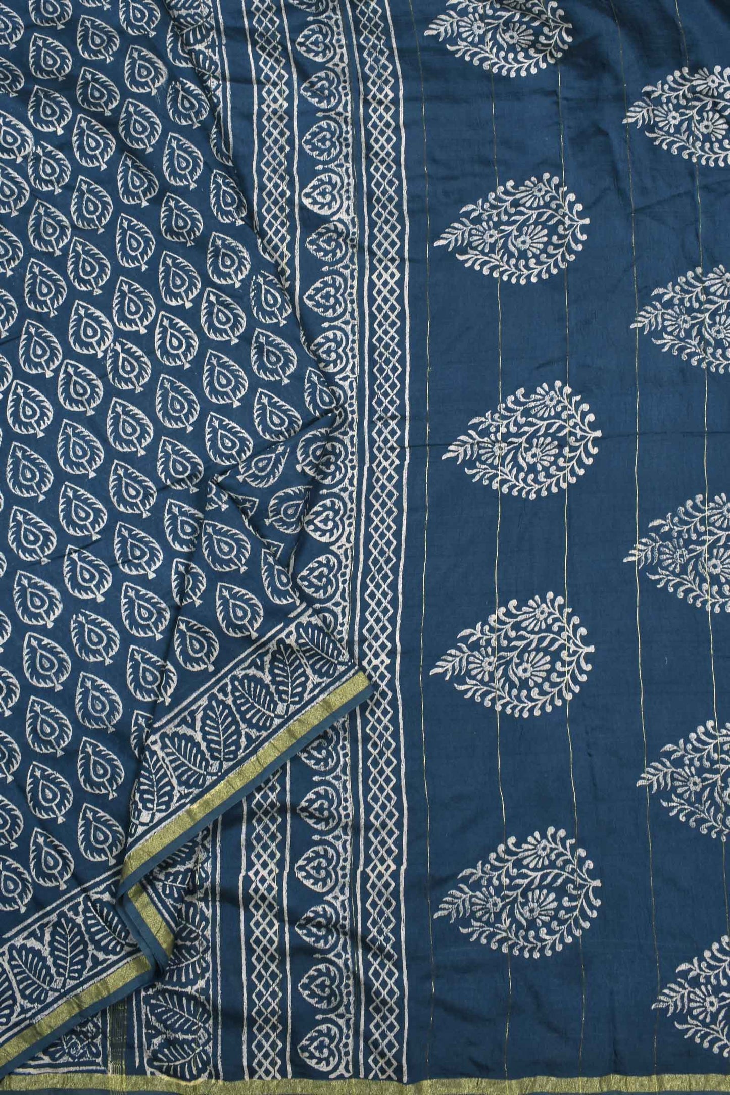 Steel Blue Chanderi Cotton Hand Block Printed Saree