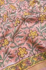 Peach Chanderi Cotton Floral Hand Block Printed Saree