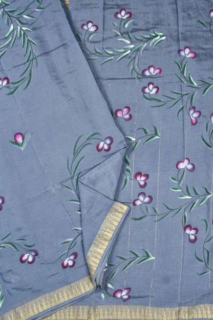 Grey Chanderi Cotton Contrast Florals Hand Painted Saree