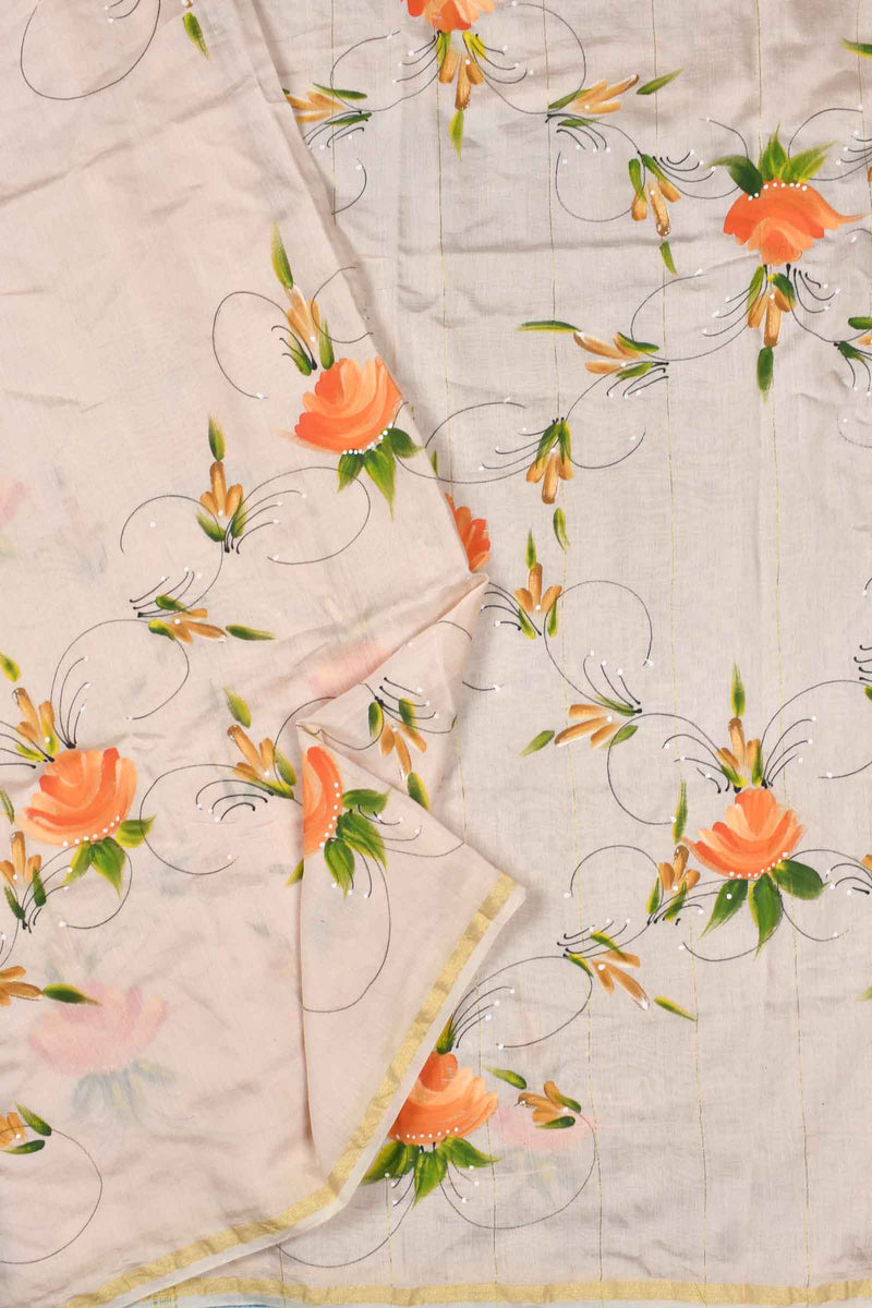 Off White Chanderi Cotton Dreamy Florals Hand Painted Saree