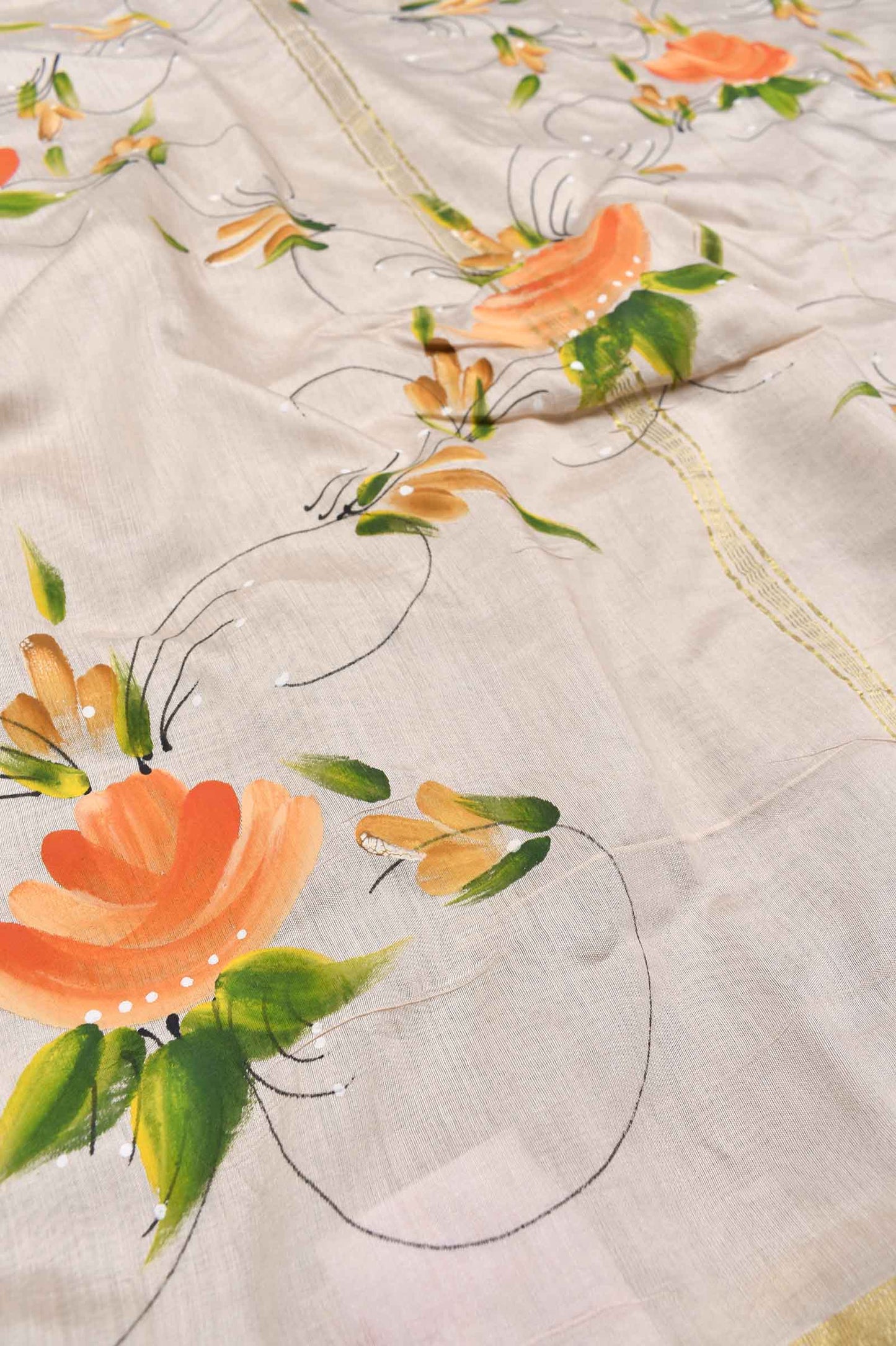 Off White Chanderi Cotton Dreamy Florals Hand Painted Saree