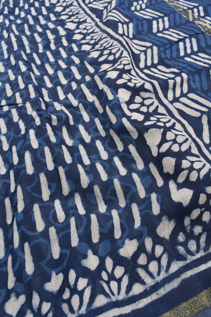 Blue Chanderi Cotton Hand Block Printed Saree