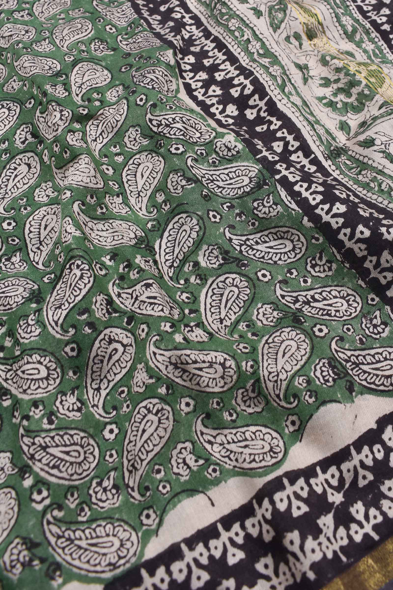 Green Chanderi Cotton Paisely Hand Block Printed Saree